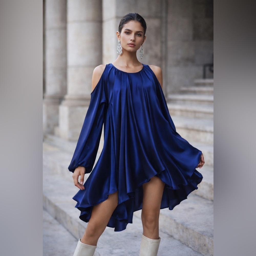 Bespoke 100% Silk Cold-Shoulder Couture Dress in Cobalt